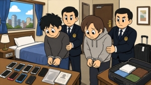 宿泊施設を2~3泊で転々とし詐欺電話か かけ子Gの男2人逮捕 押収した携帯から妊娠示談金名目の特殊詐欺マニュアル見つかる